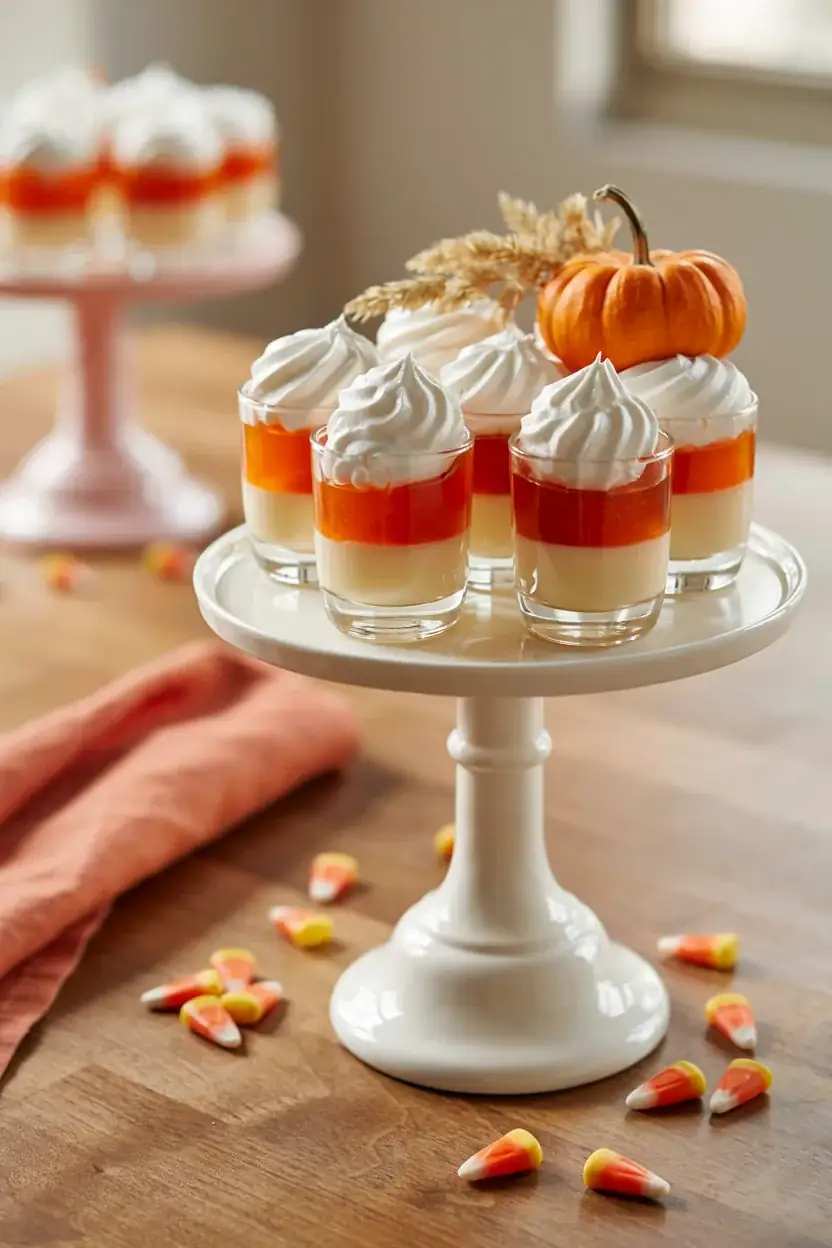 Layered orange, yellow, and white vanilla pudding topped with candy corn and whipped cream